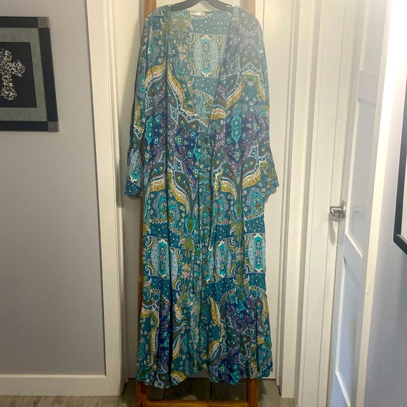 R. VIVIMOS Blue & Chartreuse Paisley Ruffled Maxi Wrap Dress SZ LG (12/14) - Picture 3 of 12